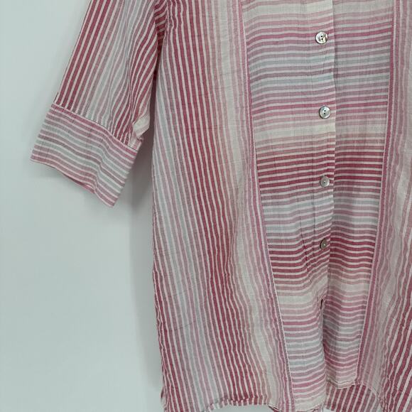 Habitat Shirt Womens Medium Pink White Stripe Button Up 3/4 Sleeve Tunic Blouse - Picture 3 of 10